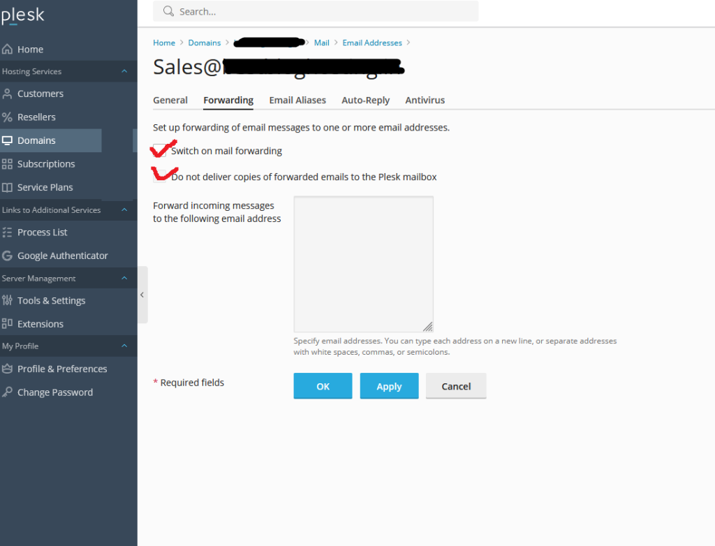 Mail Forwarding in plesk panel